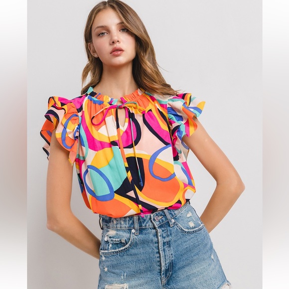 04 Boho Print Ruffle Sleeve Woven Blouse - Picture 2 of 7